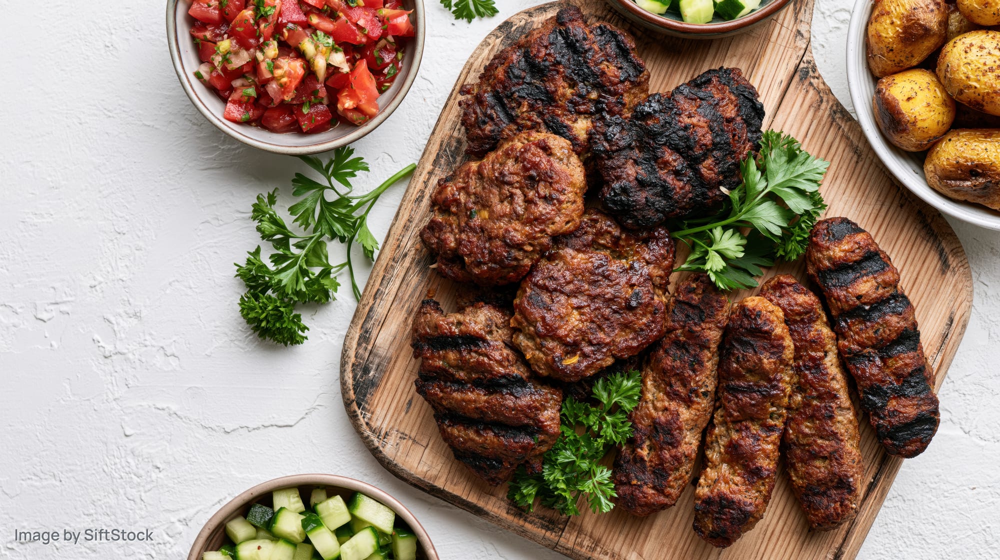 Grilled meat patties and sausages arranged on a wooden cutting board with fresh vegetables and herbs, overhead flat lay on white surface