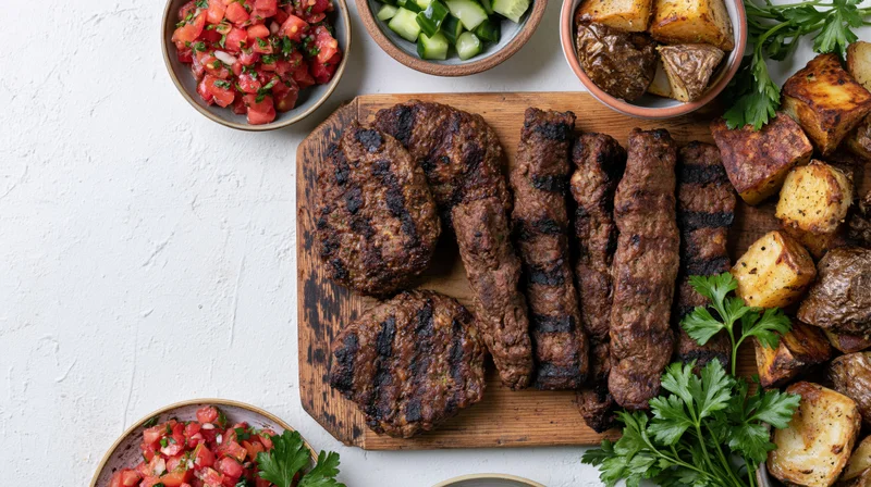 Grilled meat patties and kebabs on a wooden cutting board with roasted potatoes and vegetable sides arranged in a flat lay overhead view