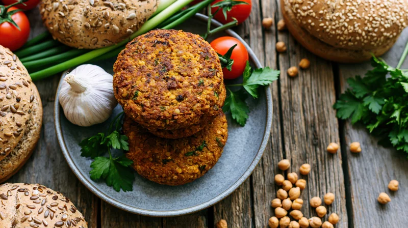 Two stacked homemade chickpea and lentil veggie burgers on a plate surrounded by fresh vegetables and buns on a wooden table