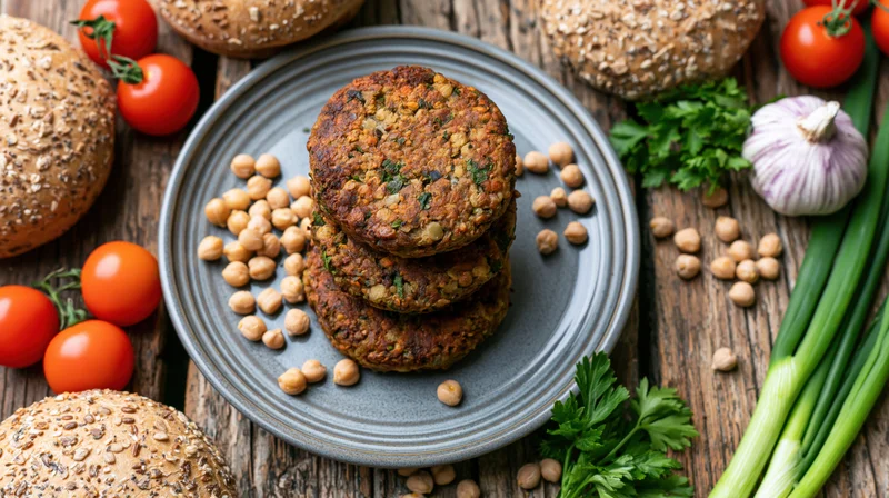 Stack of homemade chickpea and lentil veggie burgers on a gray plate surrounded by fresh vegetables and whole grains on a wooden table