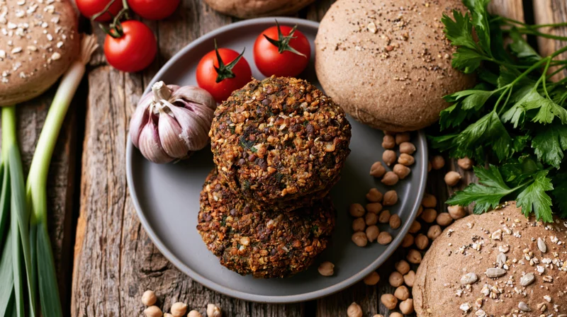 Two stacked homemade chickpea and lentil veggie burgers on a gray plate surrounded by fresh vegetables and whole grain buns on a rustic wooden table