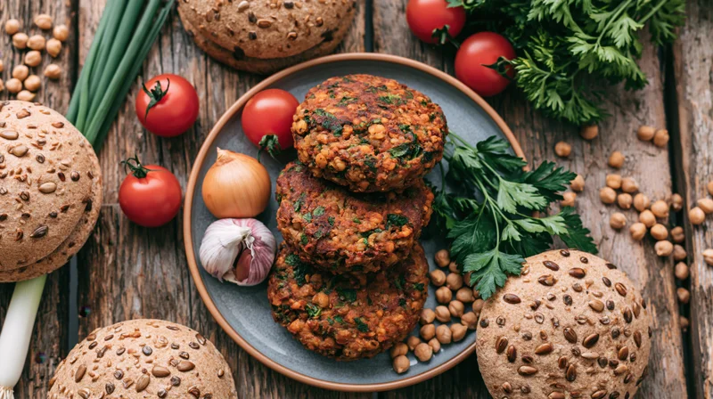 Stack of homemade chickpea and lentil veggie burgers on a plate surrounded by fresh vegetables and whole grain buns on a wooden table