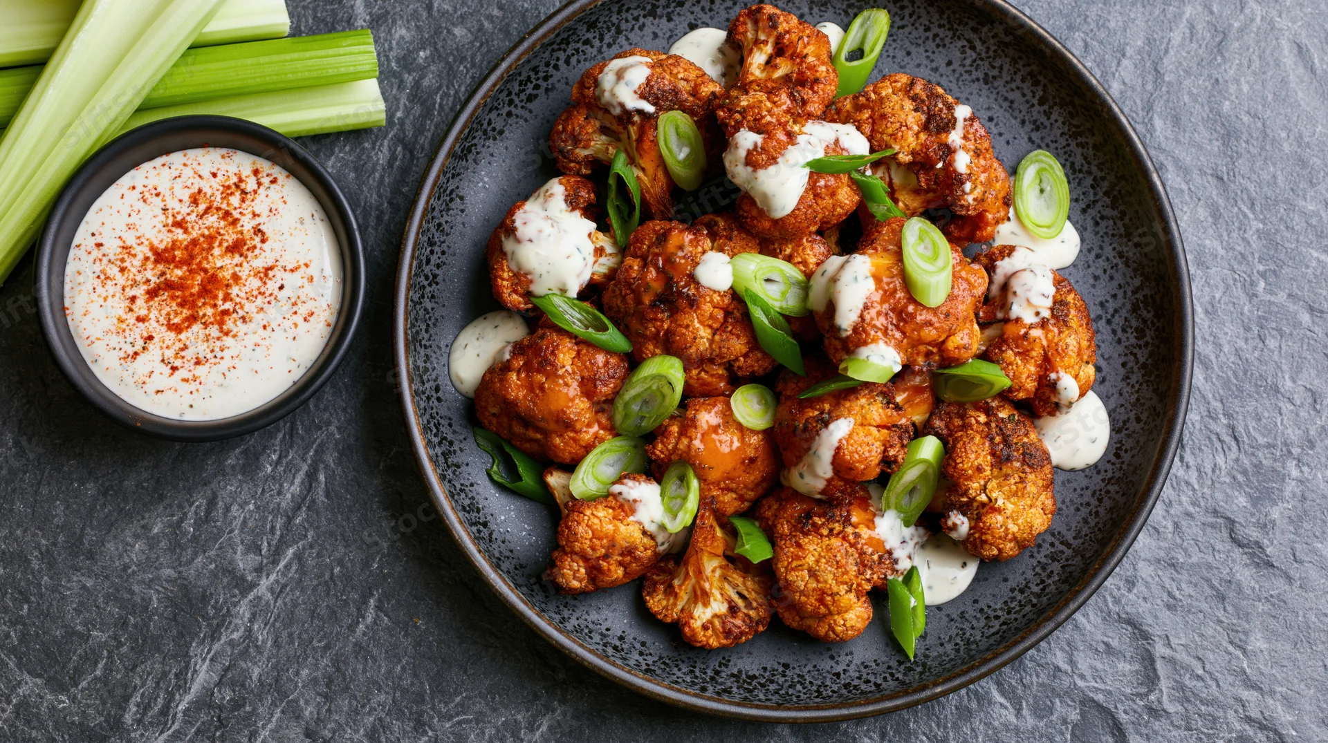 Roasted buffalo cauliflower florets piled on a dark plate with ranch dressing and green onions, celery sticks on the side