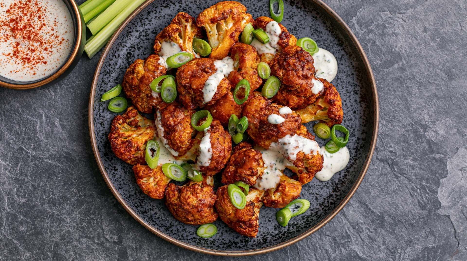 Roasted buffalo cauliflower florets piled on a dark plate with ranch sauce and green onions, overhead view