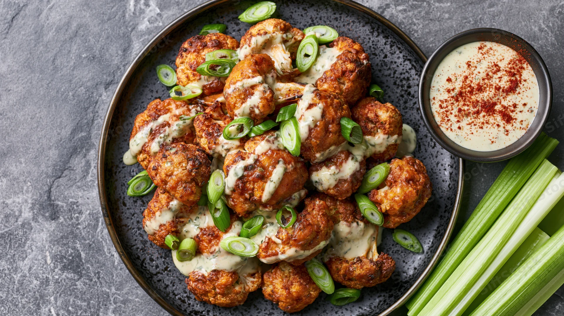 Roasted buffalo cauliflower florets piled on a dark plate with creamy sauce, celery sticks and green onions beside it