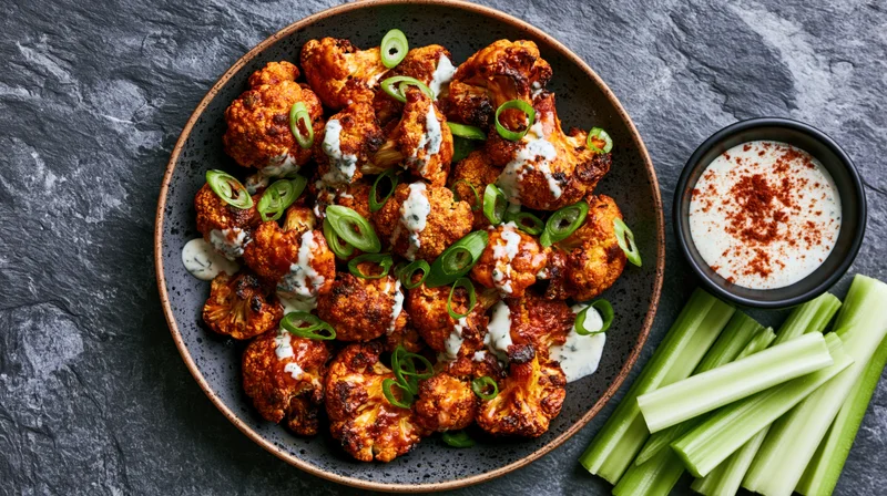 Roasted buffalo cauliflower florets piled on a dark ceramic plate with celery sticks and ranch dipping sauce beside it