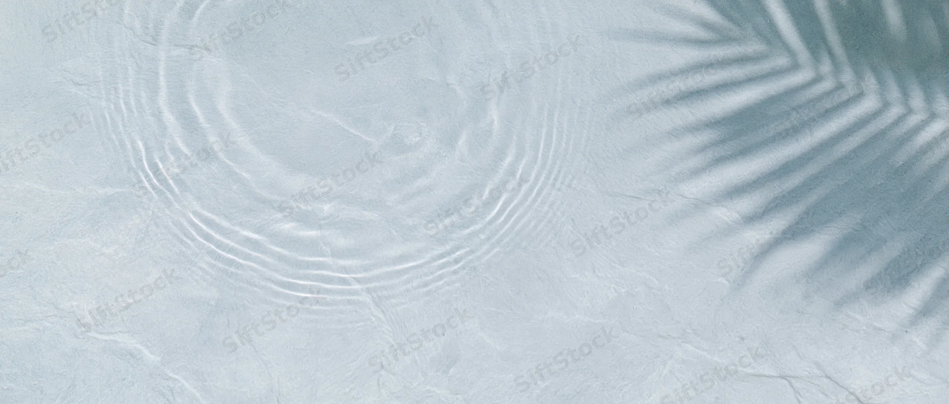 Shallow clear water with ripples and palm leaf shadow on pale grey-blue surface, overhead flat lay