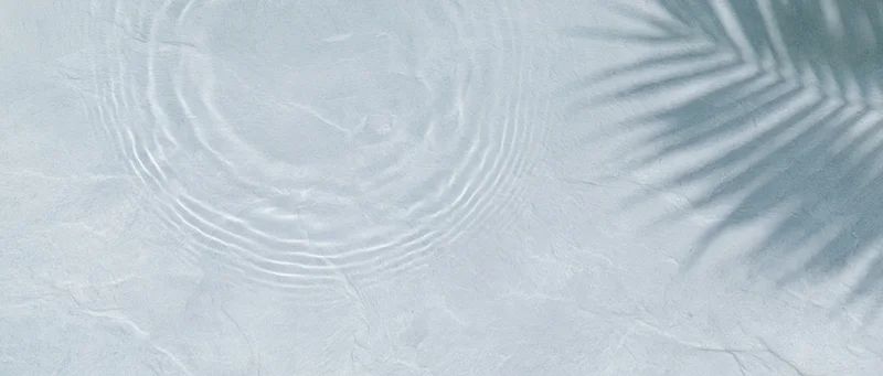 Shallow clear water with ripples and palm leaf shadow on pale grey-blue surface, overhead flat lay