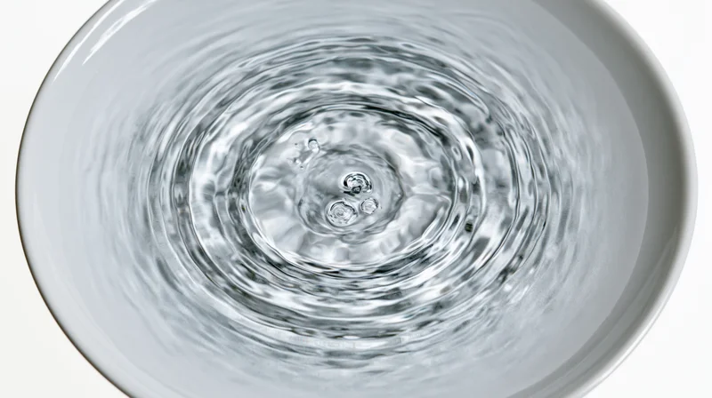 Overhead view of rippling water in a white ceramic bowl