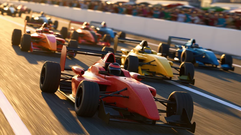 Open-wheel racecars speeding down a track in competition