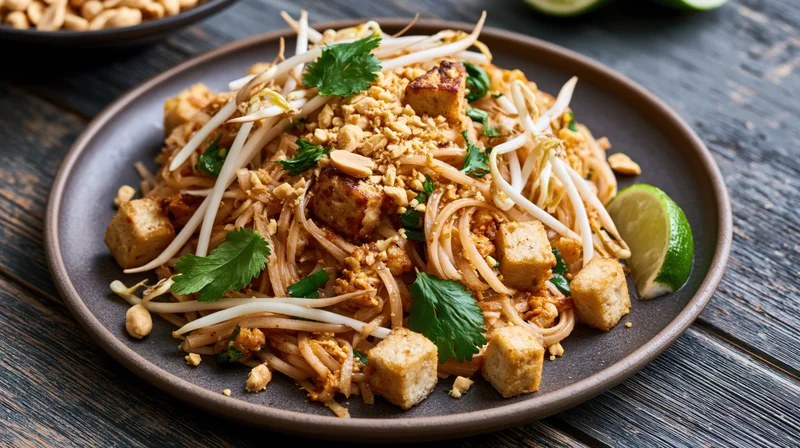 Pad thai noodles with tofu and peanuts on a dark plate on a wooden table