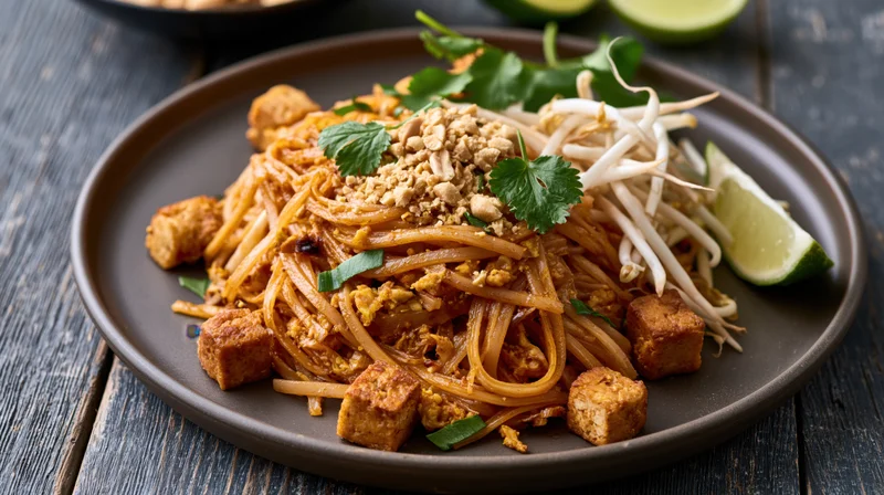 Pad thai noodles with cubed tofu and crushed peanuts on a dark plate on a wooden table