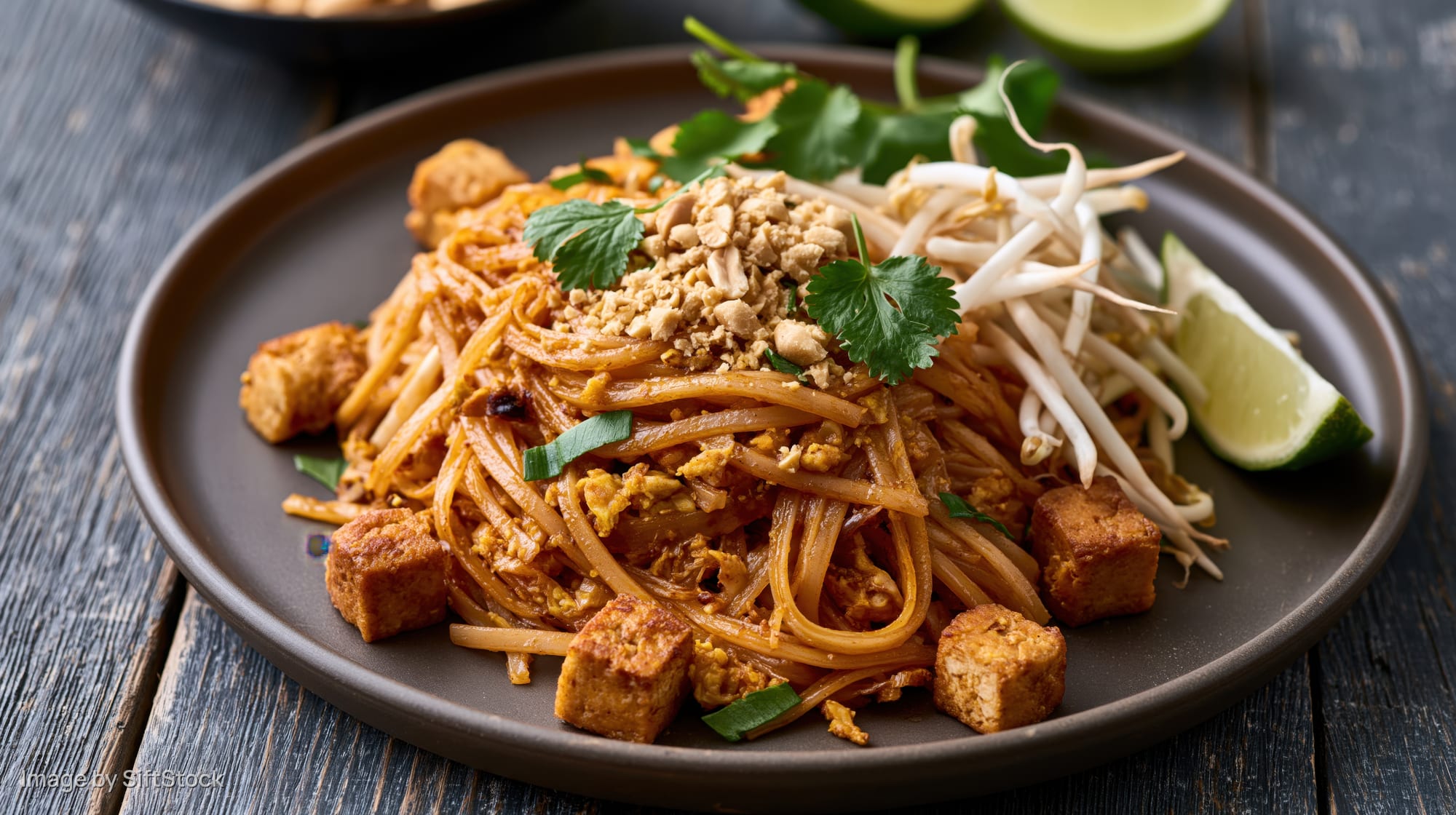 Pad thai noodles with cubed tofu and crushed peanuts on a dark plate on a wooden table