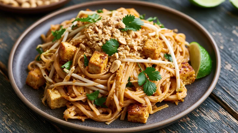 Pad thai noodles with tofu and peanuts served on a dark plate on a wooden table