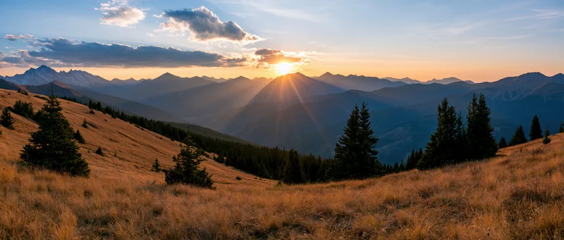 Panoramic alpine landscape at golden hour sunset with layered mountains and pine trees on grassy slopes