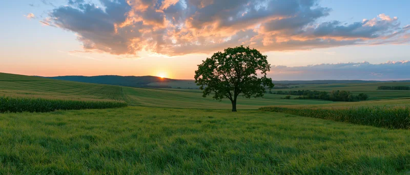 Panoramic view of rolling green crop fields at sunset with a lone tree in the foreground