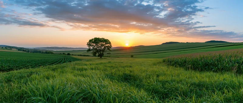 Panoramic view of rolling green crop fields at sunset in rural farmland