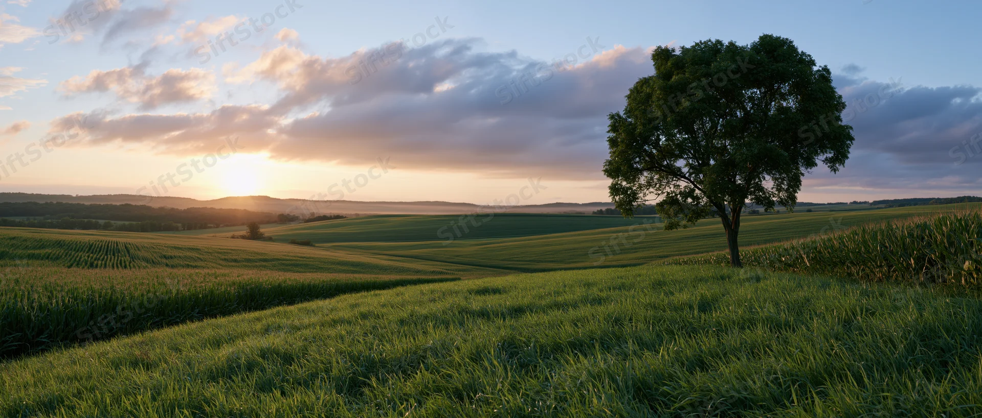 Panoramic view of rolling green crop fields at sunset in rural farmland