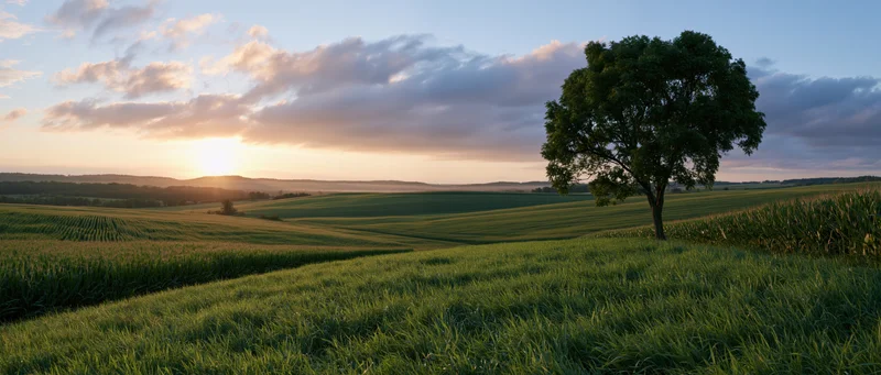 Panoramic view of rolling green crop fields at sunset in rural farmland
