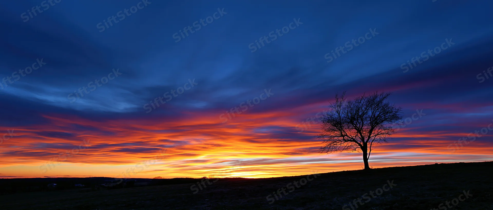 Panoramic sunset sky over rolling hills with dramatic clouds and a lone tree silhouette