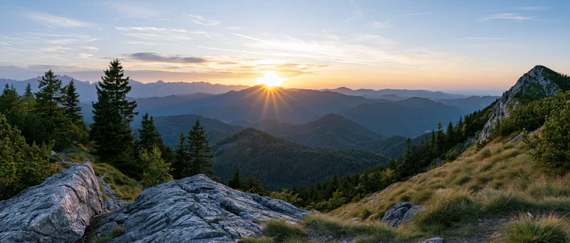 Panoramic view from rocky alpine summit at sunrise over layered mountain valleys and pine forest