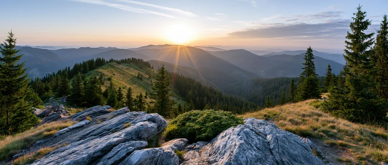 Panoramic view from rocky alpine summit at sunrise over forested valley