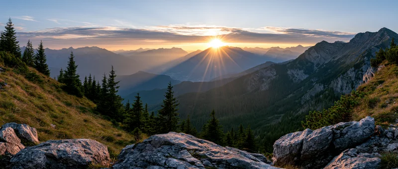 Panoramic view from rocky alpine summit at sunrise overlooking forested valley and distant peaks