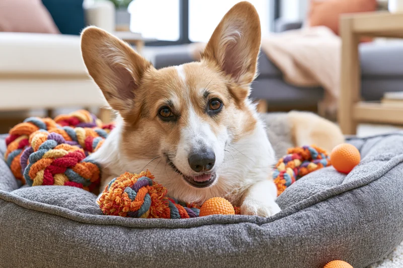 Pembrowelshcorgi lying on grey dog bed surrounded by colorful rope toys in living room