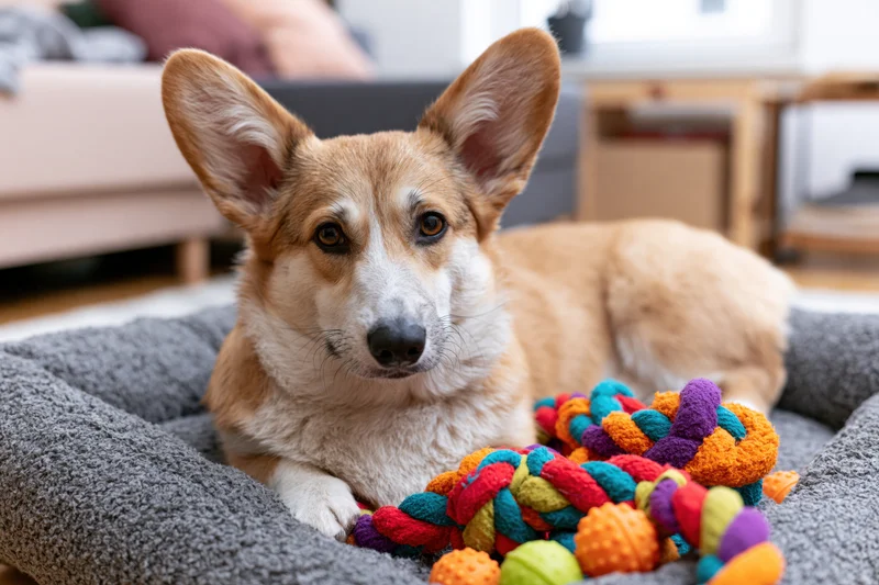 Pembroke welsh corgi lying on grey dog bed with colorful rope toy in living room