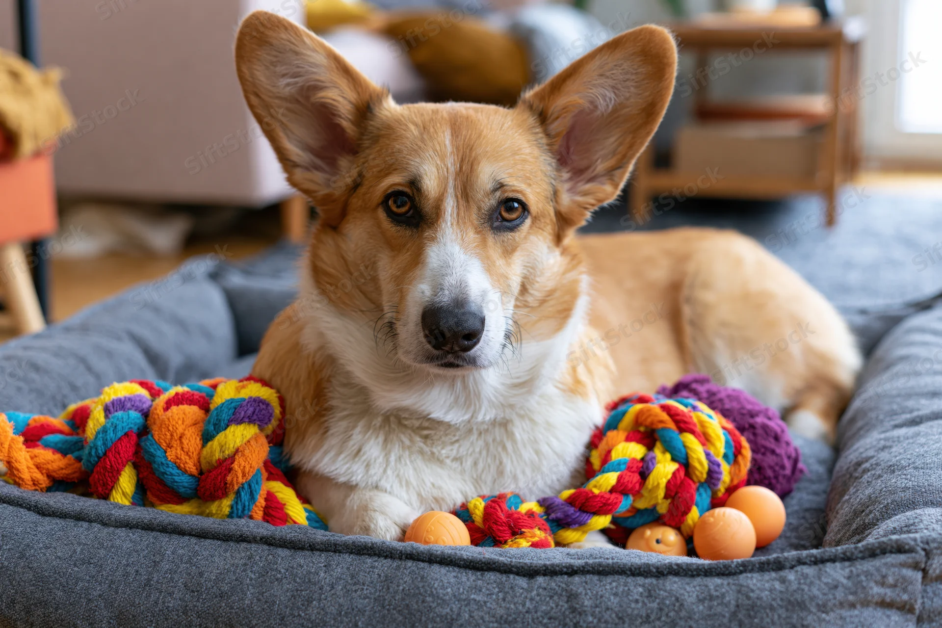 Pembroke welsh corgi lying on grey dog bed surrounded by colorful rope toys in living room