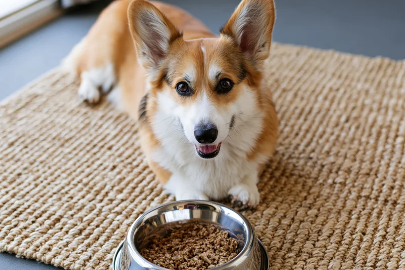 Pembroke welsh corgi lying on woven rug beside metal food bowl indoors