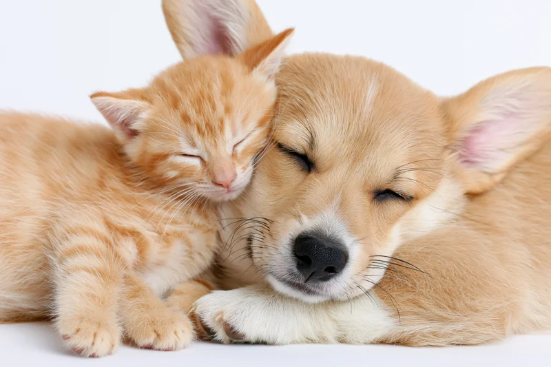 Puppy and kitten sleeping together on white background