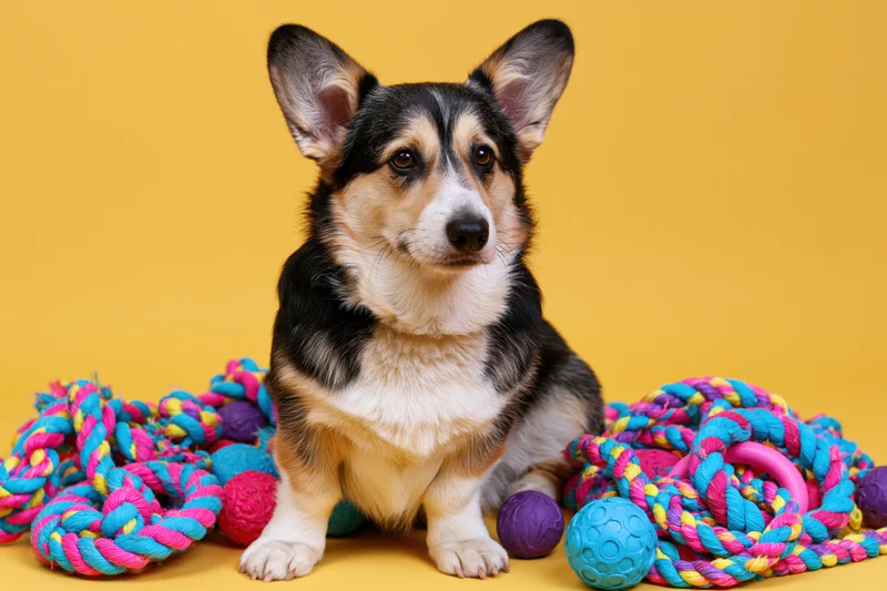 Pembroke welsh corgi sitting upright surrounded by colorful rope toys and balls on yellow background