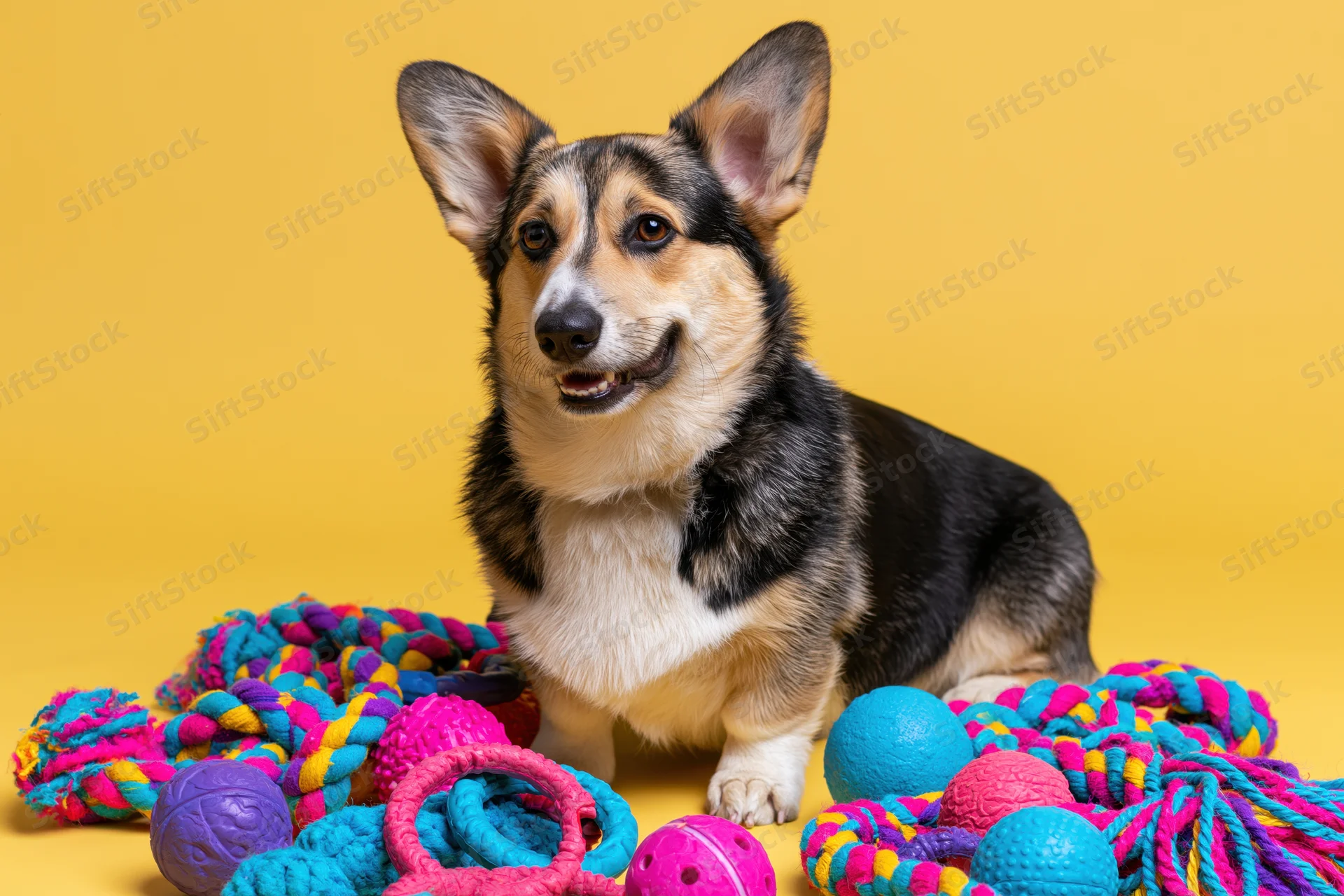Pembroke welsh corgi sitting upright among colorful dog toys on yellow background