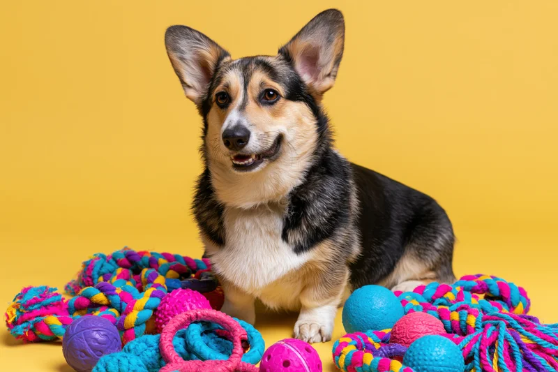 Pembroke welsh corgi sitting upright among colorful dog toys on yellow background