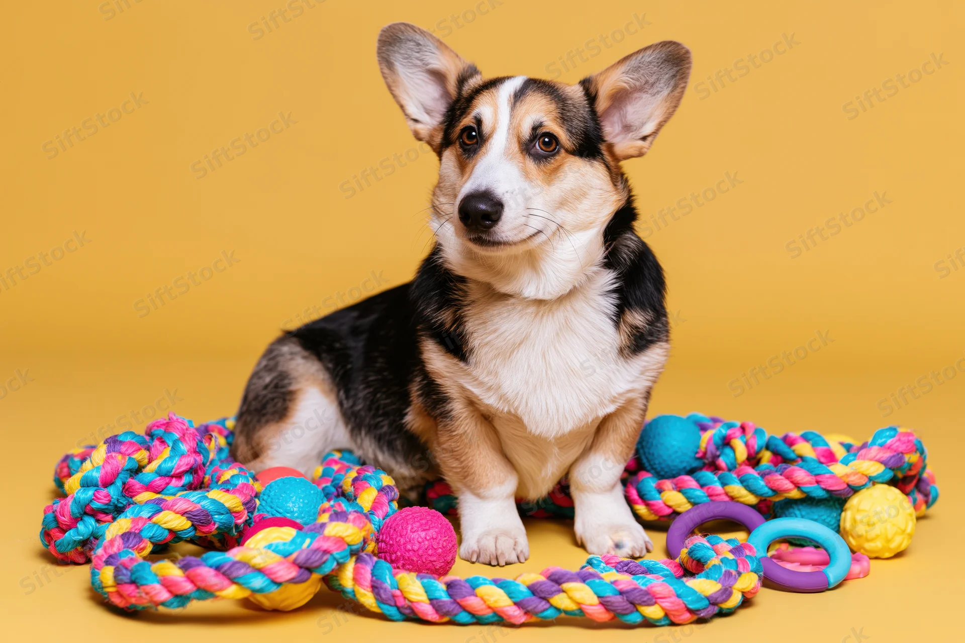 Pembroke welsh corgi sitting upright surrounded by colorful dog toys on yellow background
