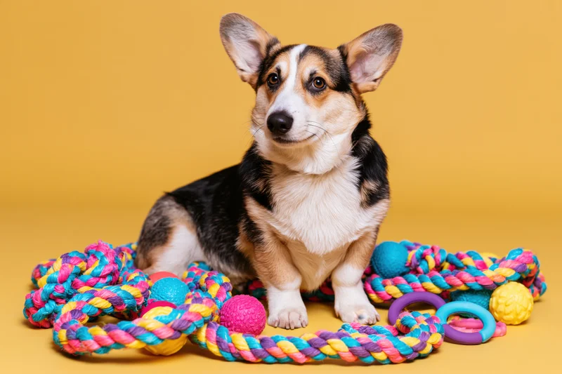 Pembroke welsh corgi sitting upright surrounded by colorful dog toys on yellow background