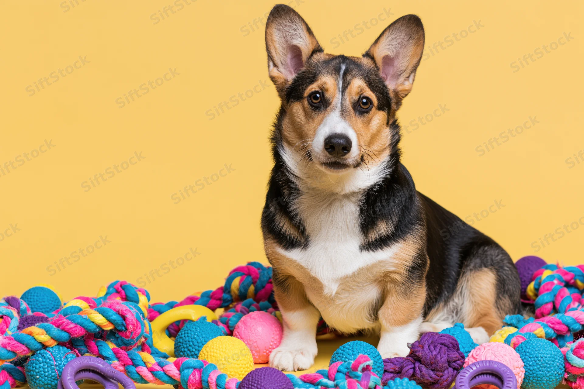 Pembroke welsh corgi puppy sitting upright among colorful dog toys on yellow background