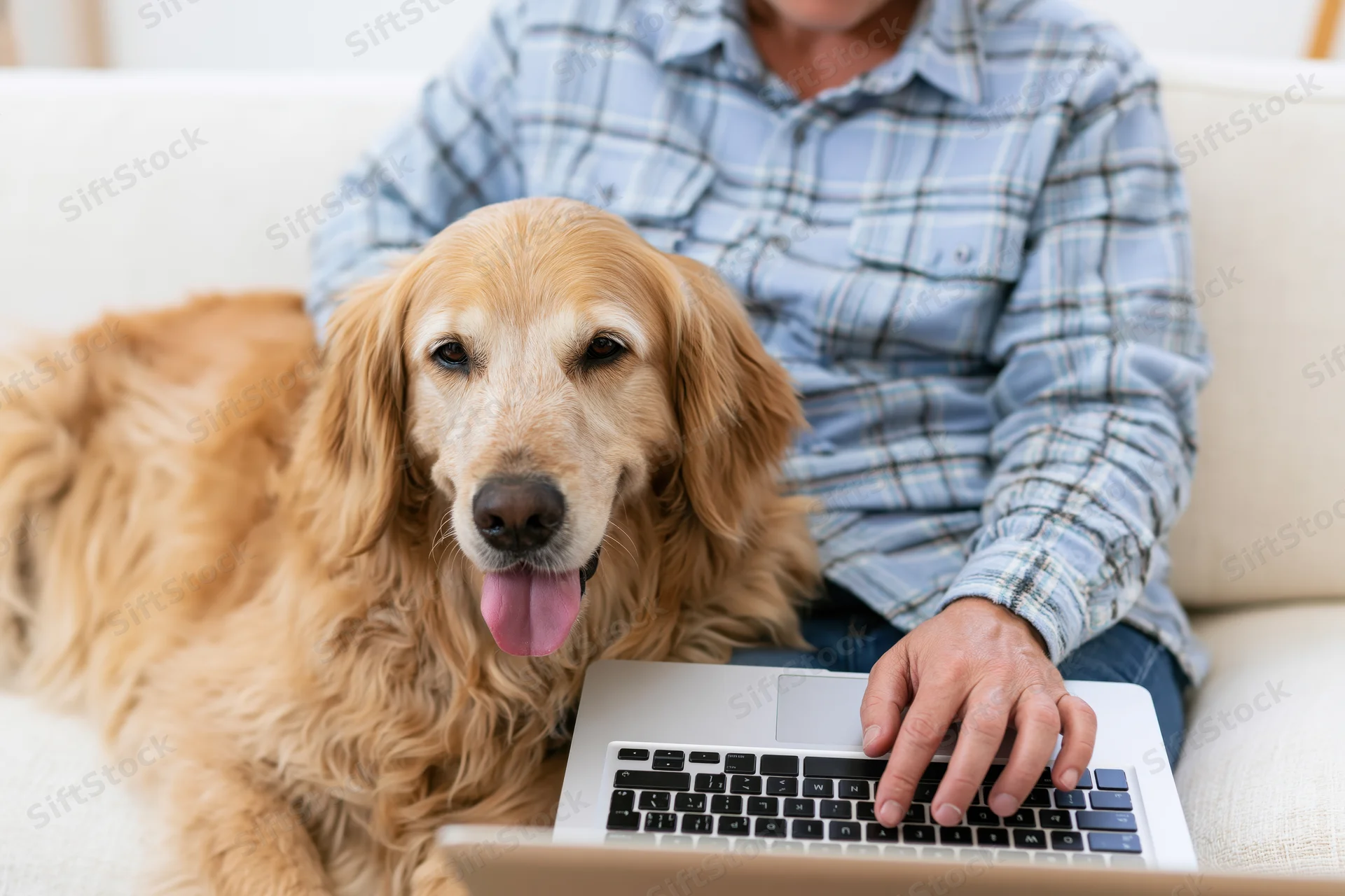 Golden retriever lying beside a man typing on a laptop while sitting on a couch