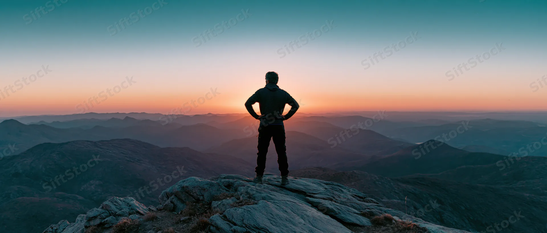 Man standing on rocky mountain summit with hands on hips overlooking layered valleys at sunset