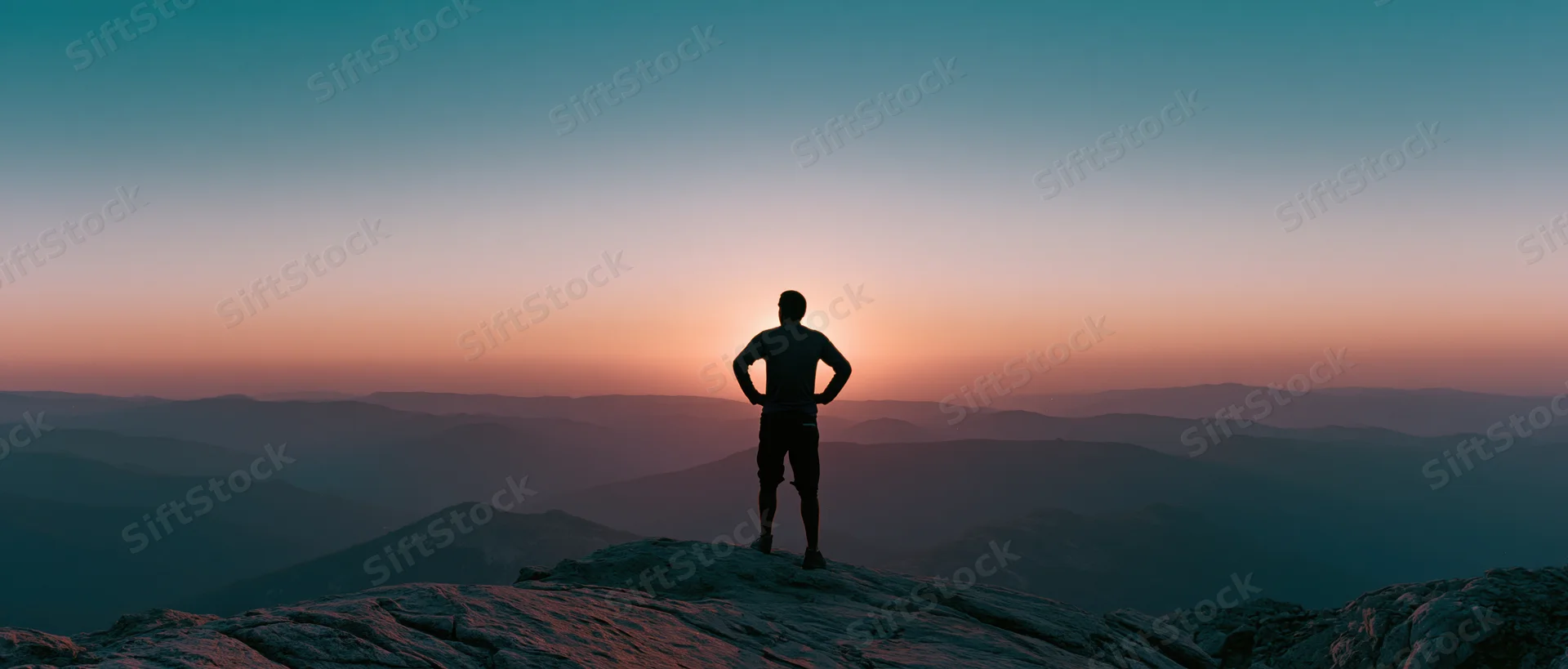 Man standing alone on rocky mountain summit at sunset with hands on hips