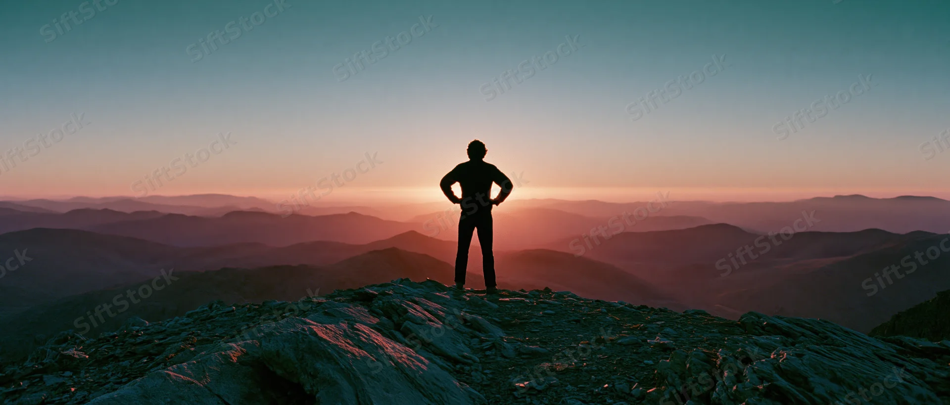 Silhouette of a person standing alone on a rocky mountain summit at sunset with hands on hips overlooking layered valleys