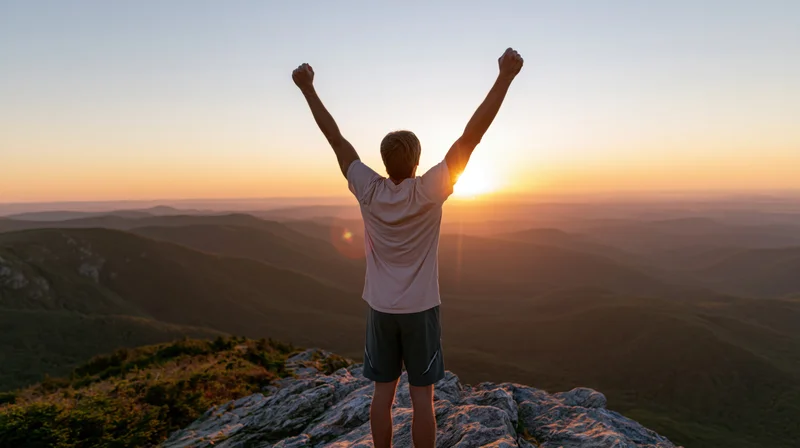 Man standing on mountain summit with arms raised at sunrise