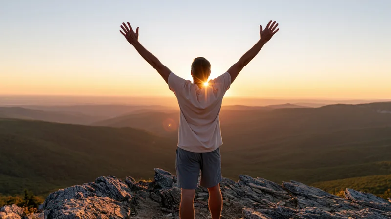 Man standing on rocky mountain summit with arms raised at sunset