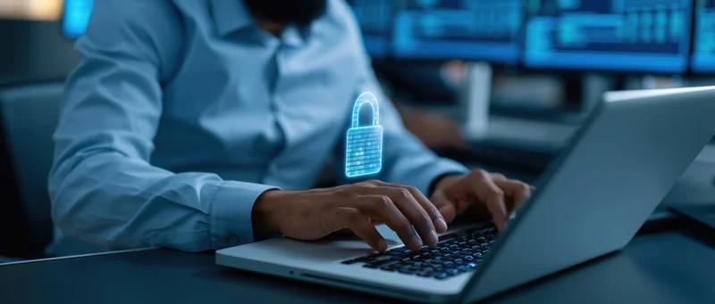 Man typing on laptop with glowing digital lock projection in dark office