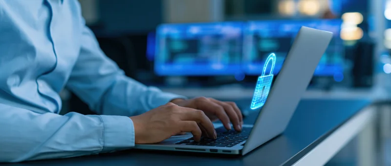 Man typing on laptop with glowing digital lock hologram at dark office desk
