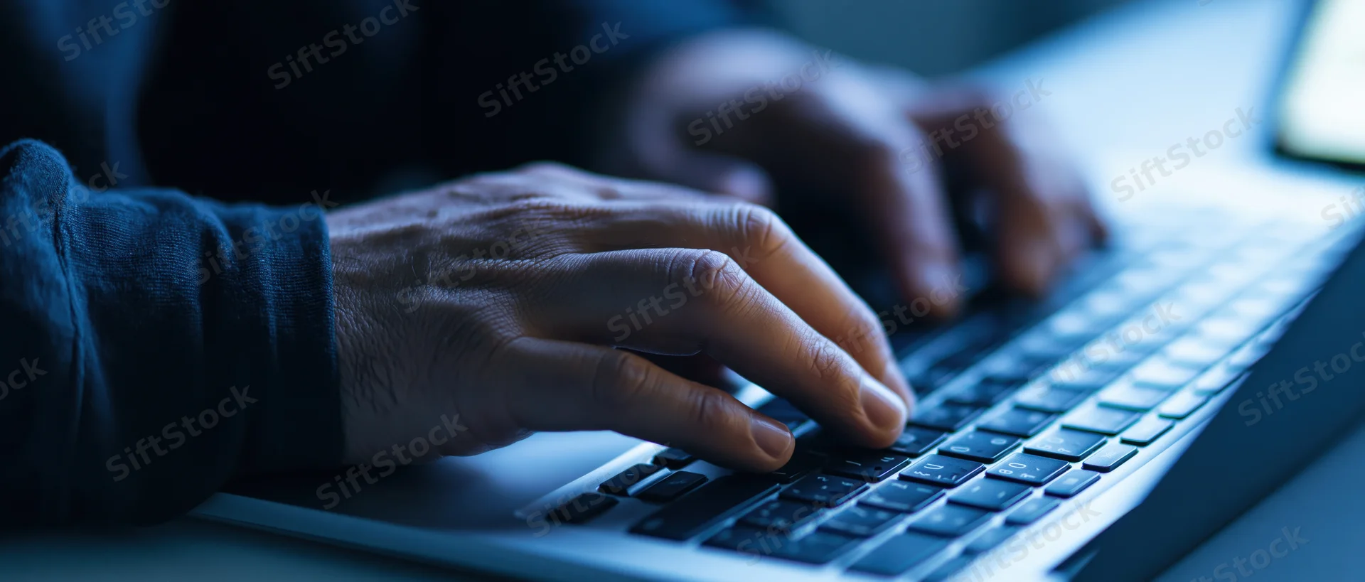 Hands typing on a laptop keyboard in a dimly lit workspace