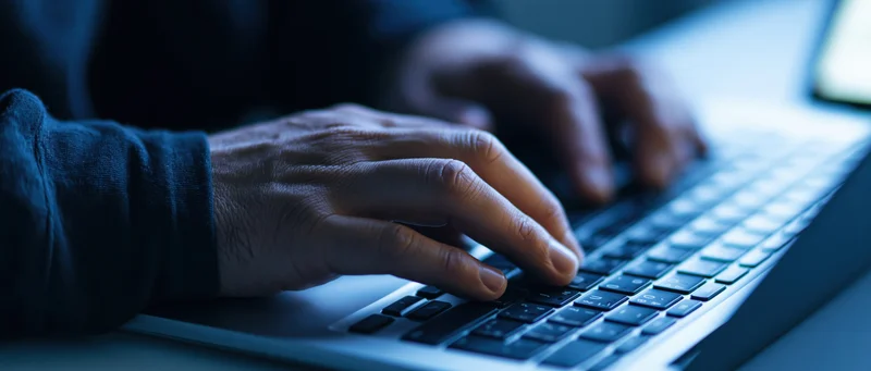 Hands typing on a laptop keyboard in a dimly lit workspace
