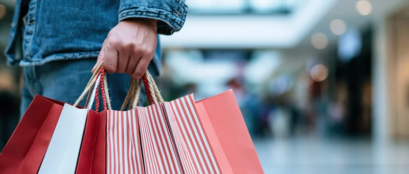 Hand holding multiple red and white striped shopping bags in a mall