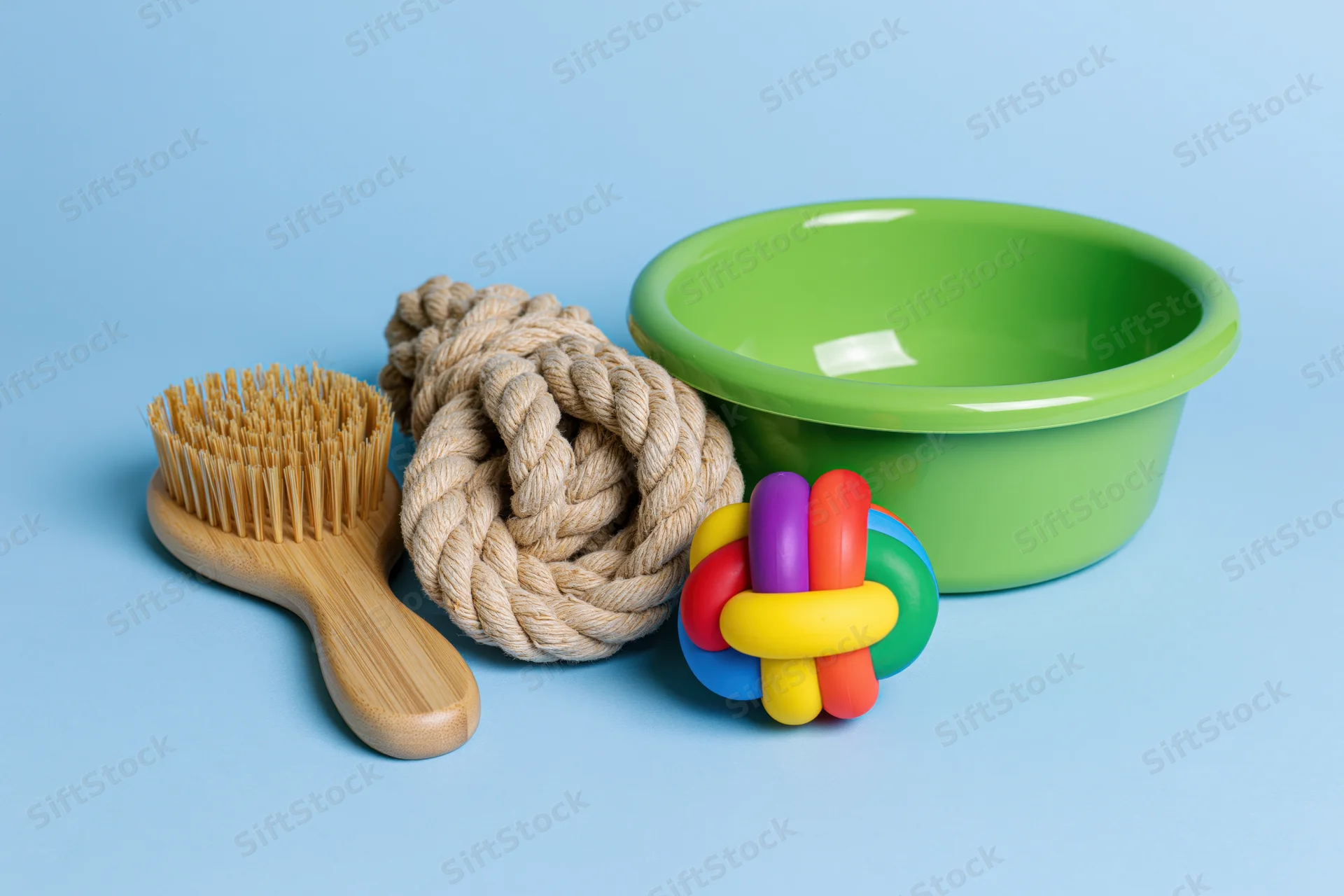 Pet accessories including a green bowl, colorful chew toy, rope, and bamboo brush arranged on a blue surface